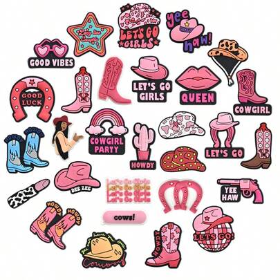 29 piezas Accesorios de decoración de zapatos de vaquero rosa para zuecos, sandalias de burbujas, regalo idea para cumpleaños, Navidad, recuerdos de fiesta