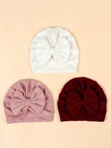 (Set Of 3) Newborn Knitted Breathable Baby Hats With Cute Bowknots, Elastic Infant Beanie