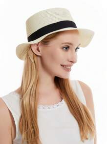 女士草帽可折叠软边沙滩夏季帽子超大编织宽边蝴蝶结蕾丝女士 - A - 查看 7