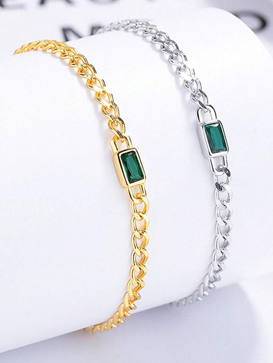 Vòng tay ngọc lục bảo bằng bạc S925 Mạ vàng 18K Hình vuông đơn giản đa năng Zirconia Vòng tay cá tính Trang sức cô dâu dành cho nữ Cô gái phù hợp với trang phục khi mặc - kim cương vuông - Xem 1