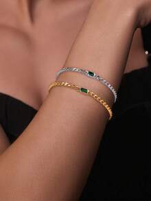 Vòng tay ngọc lục bảo bằng bạc S925 Mạ vàng 18K Hình vuông đơn giản đa năng Zirconia Vòng tay cá tính Trang sức cô dâu dành cho nữ Cô gái phù hợp với trang phục khi mặc - kim cương vuông - Xem 2