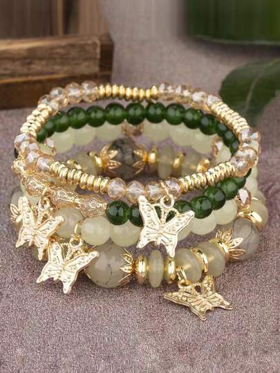 5pcs/Set Bohemian Elegant Charming Butterfly & Rose Beaded Bracelet Set, Suitable For Women's Daily Decoration