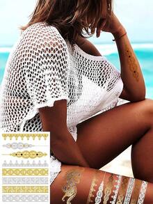 金黑色金屬海娜暫時性刺青貼紙，防水無毒長效刺青貼，女性用，5張 - 金色 - 查看 2