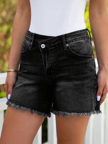 Pantalones Cortos De Mezclilla Elásticos Para Mujer, Shorts en mezclilla de talle alto con botón - Negro - Ver 3