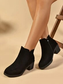 女性側拉鍊靴，厚底坡跟踝靴，休閒輕量柔軟底鞋 - 黑色 - 查看 1