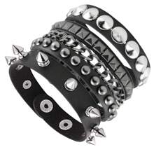 3PCS/Set Black Goth Emo Boho Bracelets For Men Women Punk Gothic Spike Rivets PU Leather Bracelet Bangles Party Jewelry Gift - Black - View 2