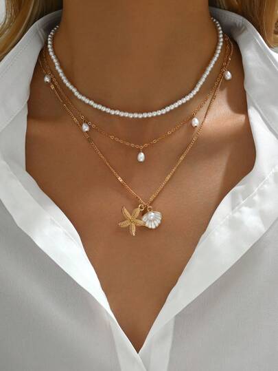 3pcs/Set Faux Pearl Tassel, Starfish & Shell Decor Beaded Necklace Set, Multi-Layer Choker Necklaces, Suitable For Casual Wear & Summer Beach