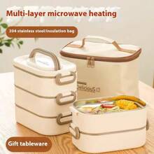 1pc/1set, 304 Stainless Steel Material Rectangular Lunch Box, Three/Two/Single Lunch Box. Includes Matching Thermal Bag, Tableware. Can Be Used For Microwave Heating, Removable, Easy To Clean, Easy To Carry, Large Capacity Bento Box. Suitable For Individuals, Students, Office Workers.,Kitchen,Christmas Gift,School Supplies - Multicolor - View 5