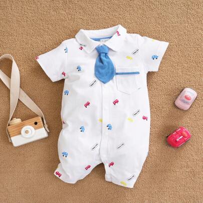 WhaleJoan 1件男婴卡通汽车印花短袖连体衣，夏季