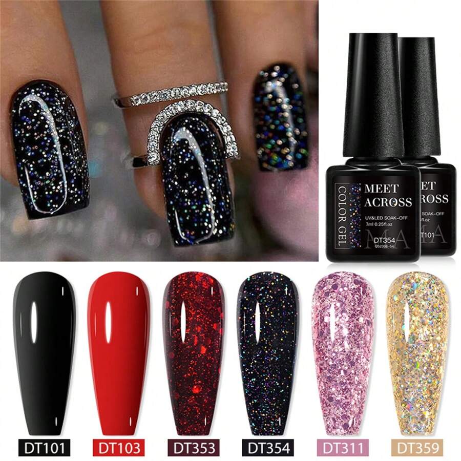6pcs Glitter Gel Nail Polish Set 7ml Summer Red Nails Black Silver Glitter Gel Polish Set , Sparkle Nail Polish Glitter Sequins Nail Gel Polish, Semi Permanent Hybrid Gel Varnish Soak Off UV LED Gel For Nails Art Manicure Kit Nail Supplies Home Salon Gift For Women - Nhiều màu - Xem 1