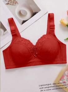 1 szt. Czerwony biustonosz usztywniany Comfort dla kobiet, luksusowy bezprzewodowy biustonosz koronkowy z kwiatowym dekoltem typu plunge z wygładzaniem pleców - Czerwony - Zobacz 5
