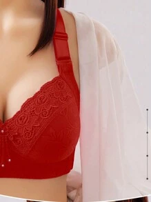 1 szt. Czerwony biustonosz usztywniany Comfort dla kobiet, luksusowy bezprzewodowy biustonosz koronkowy z kwiatowym dekoltem typu plunge z wygładzaniem pleców - Czerwony - Zobacz 4
