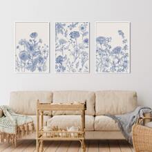 1/3 件蓝色植物印花帆布画简约中国风墙壁艺术复古美学现代客厅卧室办公室酒店餐厅装饰无框 - 彩色 - 查看 5