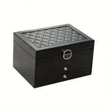 1pc Large-Capacity Three-Layer Jewelry Box, Pu Leather Multi-Functional Jewelry Box, Watch Box With Lock, Storage Box, Ring Earrings Necklace Storage Container Valentine Day - Black - View 2