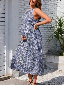 Women Maternity Halter Neck Summer Casual Sundress Sleeveless Boho Ruched Back Strap Flowy Maxi Dress Baby Shower