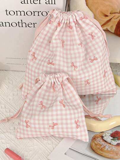 1 Pieza/Set Bolsa de almacenamiento con cordón para artículos de cuidado de la piel, maquillaje, ropa interior, toallas sanitarias, etc. con estampado de lazo rosa, organizador de viaje esencial para regalo del Día de San Valentín, regalo de cumpleaños, regalo del Día del Maestro, regalo de Año Nuevo, bolsa de maquillaje, artículos esenciales para vacaciones, bolsa de cosméticos, bolsa de maquillaje, organizador de maquillaje, organizador de maquillaje para vacaciones de invierno, almacenamiento de maquillaje, artículos escolares de regreso a clases