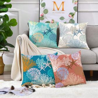 Modern And Simple Style Ocean Conch Starfish Pattern Square Pillowcase For Sofa, Living Room, Bedroom And Homestay Decoration (No Pillow Insert) 1pc