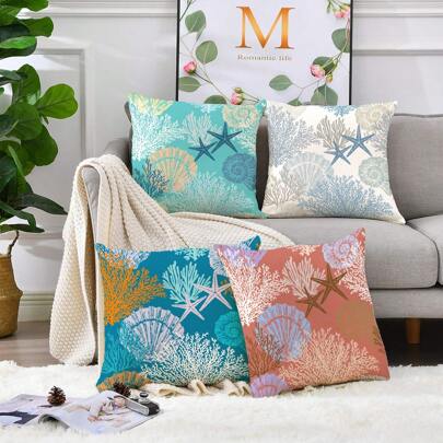 Modern And Simple Style Ocean Conch Starfish Pattern Square Pillowcase For Sofa, Living Room, Bedroom And Homestay Decoration (No Pillow Insert) 1pc