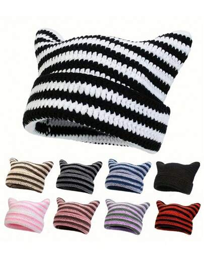 2024 New Women's Handmade Devil Knit Beanie Striped Hat, Couple Cute Cat Ear Casual Warm Cap,School