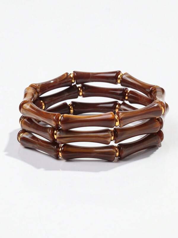 3pcs/Set Acrylic Green Marble Patterned & Bamboo Bead Stacking Bracelets, Suitable For Women's Daily Wear