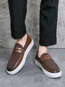 Men's Flat Bottom Splice Sports Style Casual Loafers Dress Shoes, Solid Color - Brown - View 5