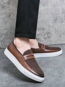 Men's Flat Bottom Splice Sports Style Casual Loafers Dress Shoes, Solid Color - Brown - View 6