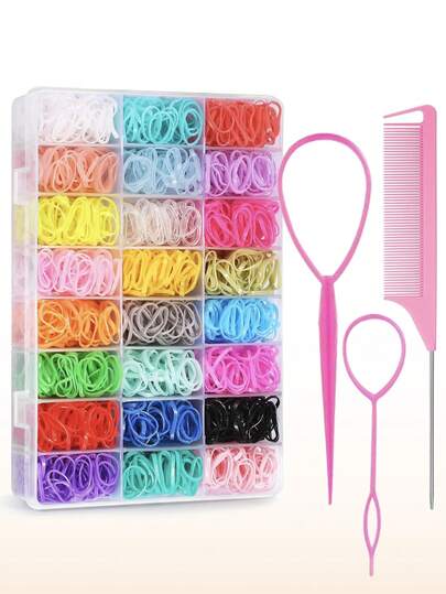 2003件/套 女孩弹力发圈 24色，2000件迷你橡皮筋发圈带收纳盒，柔软女孩发绳，彩色橡皮筋套装带发尾工具，尖尾梳