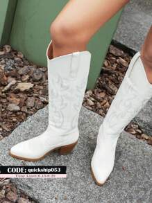 White Cowgirl Boots Embroidery Chubky Block Heels Slip On Mid Calf Wedding Party Fashion Women Western Boots - 白色 - 查看 1