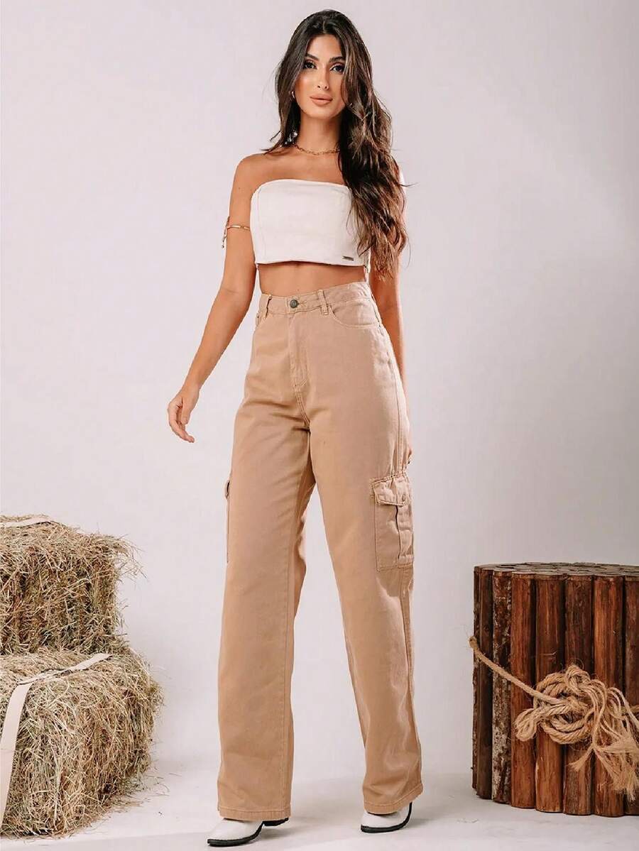 Women Pants - 卡其色 - 查看 1