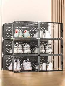 1pc Japanese-Style Drawer Type Plastic Shoe Box, Foldable Clear Plastic Box, Dust-Proof Bedroom Shoe Storage Container With Flip Cover, Shoe Organizer - Grey - View 3