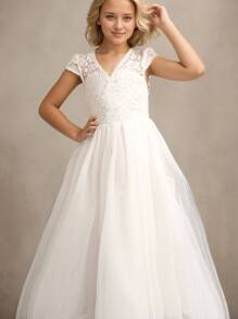 Tween Girl Lace Splice Mesh Open Back Dress, Floral Party Wedding Evening Gown - White - View 3