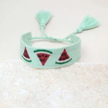 1pc Embroidered Watermelon Bohemian Handmade Woven Bracelet, Perfect For Wearing On Summer Beach Or Travel - Light Green - View 3