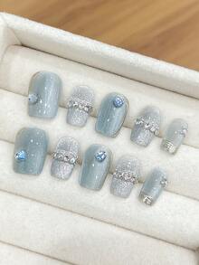 YADORNOS 10入組藍色玻璃珠貓眼閃爍手工按壓式假指甲，夏日清新鑽石點綴短棺材型法式假指甲，全覆蓋式假指甲附果凍膠和指甲文件，女孩DIY美甲裝備 - 藍色 - 查看 3