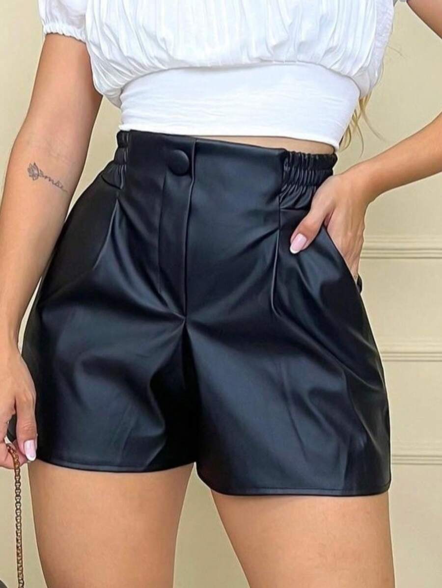White Leather Shorts For Women High Waist Elastic Waistband Fake Button Side Pockets Clothing New Year's Eve - 黑色 - 查看 1
