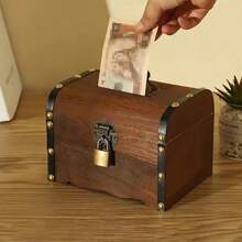 1 pieza de alcancía de madera vintage con llave de , caja de dinero de estilo antiguo, regalo decorativo perfecto con detalles de latón y asa de transporte, tamaño pequeño para ahorrar monedas y efectivo. - Color caoba - Ver 1