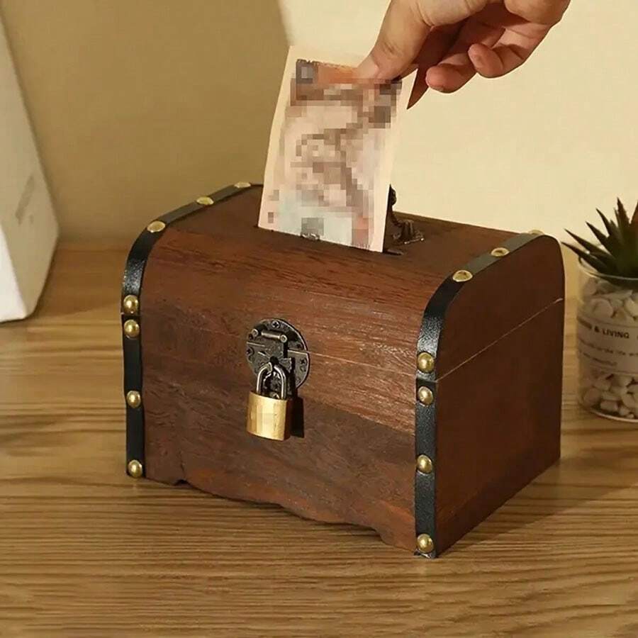 1 pieza de alcancía de madera vintage con llave de , caja de dinero de estilo antiguo, regalo decorativo perfecto con detalles de latón y asa de transporte, tamaño pequeño para ahorrar monedas y efectivo. - Color caoba - Ver 1