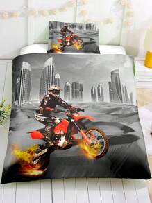Set de 3 piezas de funda nórdica de impresión de motocicleta multicolor, Set de ropa de cama, decoración del dormitorio, todas las estaciones - Multicolor - Ver 5