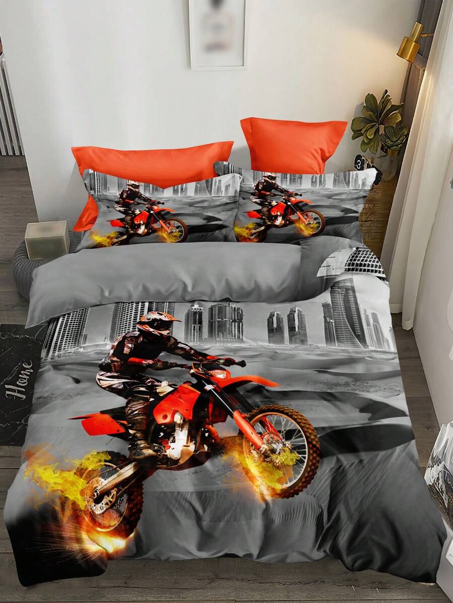 Set de 3 piezas de funda nórdica de impresión de motocicleta multicolor, Set de ropa de cama, decoración del dormitorio, todas las estaciones - Multicolor - Ver 1