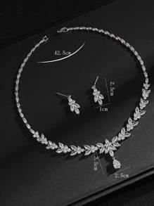 1 Set Of 3pcs Fashionable And Minimalist Cubic Zirconia Necklace Earrings Set For Wedding, Banquet And High-End Jewelry, With Leaf & Water Drop Decoration, Suitable For Women's Festival Wear