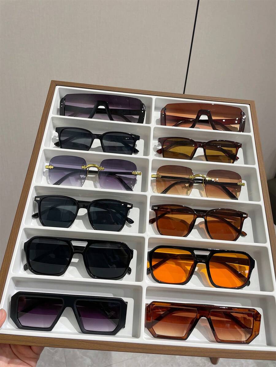 12副方形男士时尚眼镜，适合户外街头摄影、海滩休闲、夏季海滩度假、户外旅行等场合。