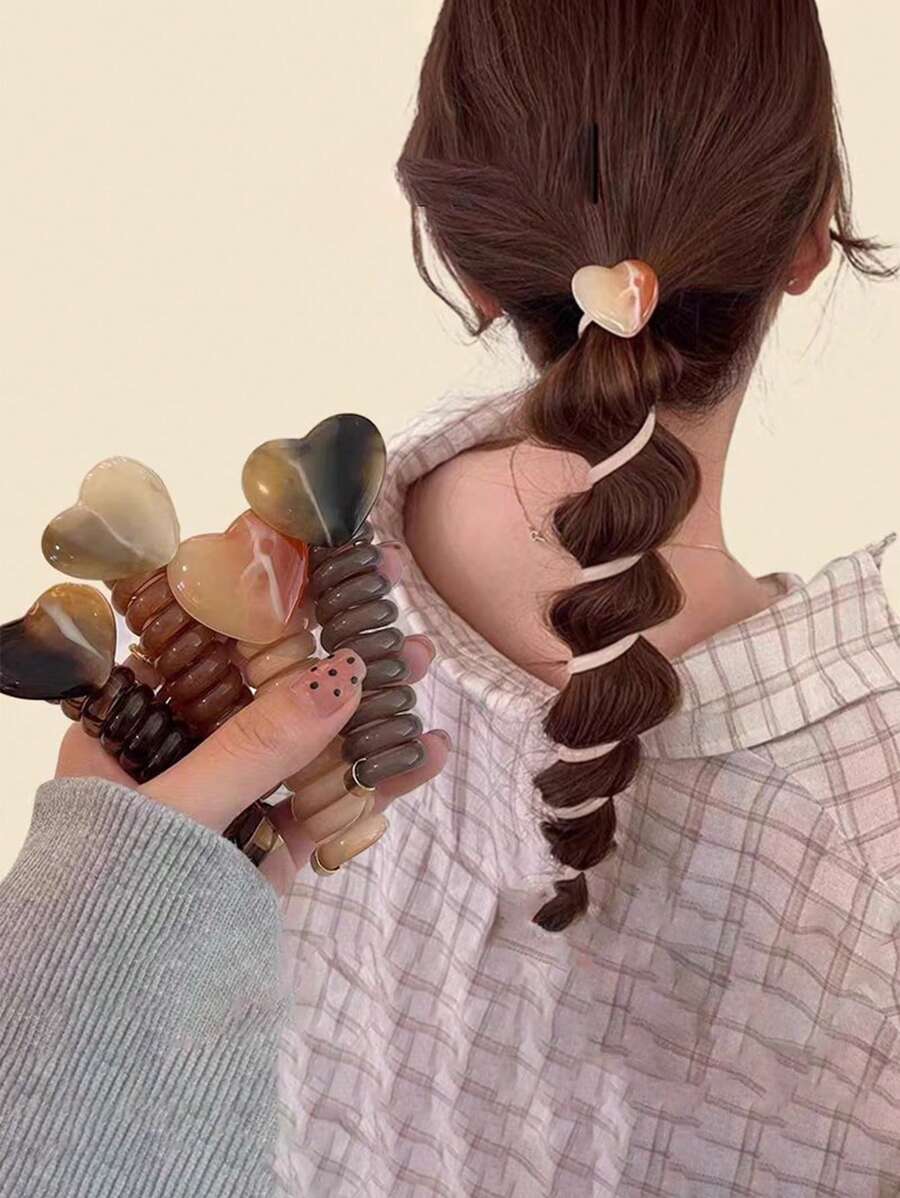 1pc/Random Elegant Heart Shaped Decor Telephone Wire Hair Tie Elastic Spiral Hair Tie For Women And Girls, Bubble Braid Cord Hair Rope For Ponytail, Braid, High-End Heart Spiral Hair Ties, Hair Clips - Multicolor - View 1