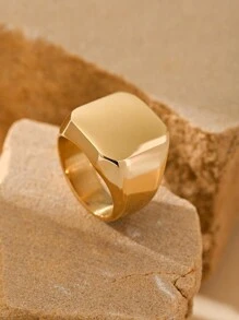 1pc Stainless Steel 18K Gold Plated Retro Business Square Smooth Surface Men's Rings Summer Jewelry