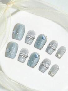 YADORNOS 10入組藍色玻璃珠貓眼閃爍手工按壓式假指甲，夏日清新鑽石點綴短棺材型法式假指甲，全覆蓋式假指甲附果凍膠和指甲文件，女孩DIY美甲裝備 - 藍色 - 查看 2