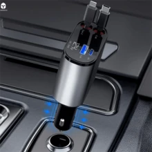 Retractable Car Charger  Car Fast Charger For IPhone And Type C Retractable CablesThree In One Car ChargerA Good Friend Of Cars Adapter Charging Adjustable Port Cellphone Smartphone Electronic Mobile(Two Bottles) - Black - View 1