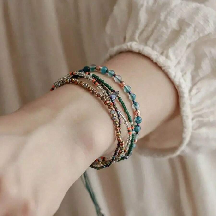 Bộ sưu tập vòng tay đính cườm Bohemian Artisan - Đá tự nhiên, thủ công, có thể điều chỉnh, quà tặng đa năng - Nhiều màu - Xem 1