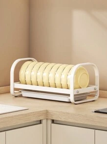 CASEGRACE 1pc Dish Rack Bowl Plate Storage Shelf For Cabinet, Bowl Plate Rack With Pull-Out Drain Tray, Kitchen Dish Storage Organizer