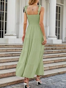 Women's Casual Sleeveless Sundress Summer Boho Spaghetti Strap Square Neck Solid Color Ruffle A Line Beach Sun Dress Smocked Tiered Long Maxi Dress - 綠色 - 查看 5