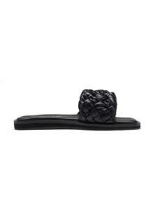 Women Square Open Toe Slide Sandals Slip On Braided Strap Slingback Flat Sandals Vacation Summer Beach Shoes - 黑色 - 查看 7