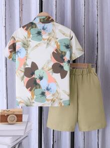 Tween Boy Floral Printed Short Sleeve Casual Shirt And Shorts Set, Summer - Khaki - View 2
