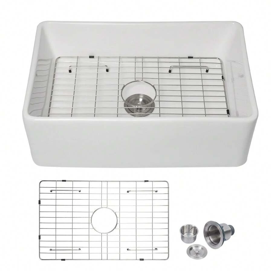 Lordear 30 Inch White Undermount Porcelain Single Bowl Kitchen Sink  Reversible Apron Front Farmhouse Ceramic Sink With Bottom Grid,Basket Strainer - 30*20*10寸 - 查看 1
